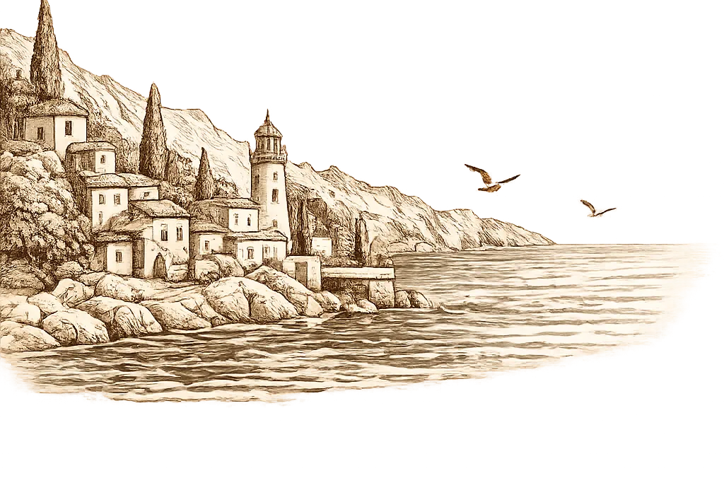 Engraved Mediterranean coastal village
